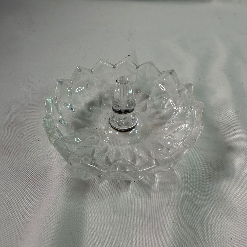 Vintage Clear Pressed Glass Ring Holder Lotus Starburst Scalloped Trinket Dish